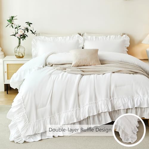 ANGIYUIN White Full Ruffle Comforter Set 5Pcs Bed in A Bag with Sheets