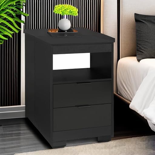adorneve black led nightstand with wireless charging station, main product view