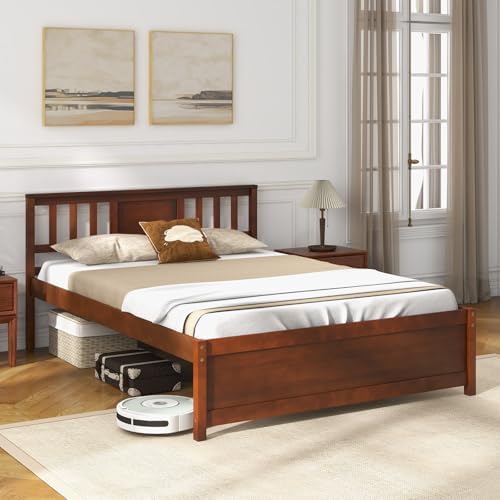 giantex full size solid wood platform bed frame, close-up detail