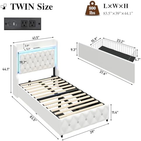twin bed frame with led lights & charging, close-up detail