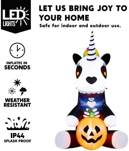 Joiedomi 5 FT Halloween Inflatable Sitting Skeleton Unicorn with LED Lights, Blow Up Outdoor Decoration for Yard, Garden, Lawn, Haunted House Halloween Party Outside Decor