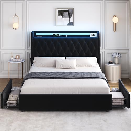 queen led velvet bed frame with 2 storage, view 9