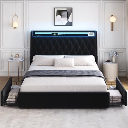 queen led velvet bed frame with 2 storage, view 9