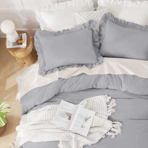 andency silver gray ruffle comforter twin size, 2, close-up detail