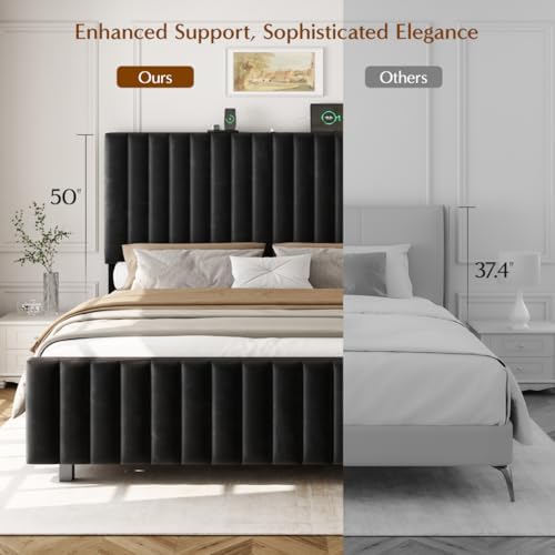 50" tall queen bed frame with adjustable headboard, front angle view