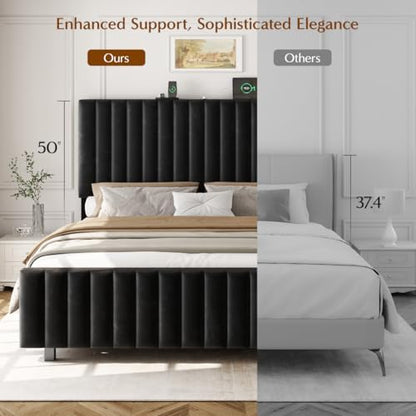 50" tall queen bed frame with adjustable headboard, front angle view