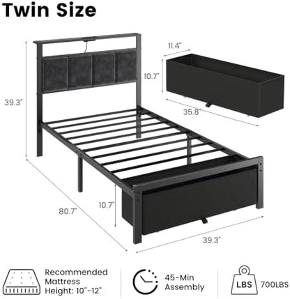 twin size bed frame with upholstered headboard and shown in use