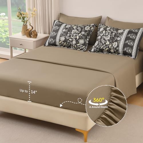 Boho Comforter Set Queen,Reversible Brown Gray Bedding Paisley 7 Piece