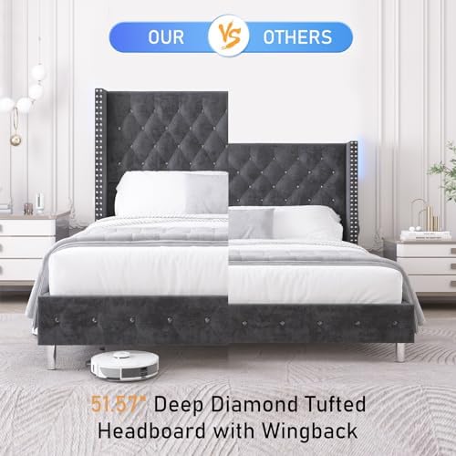 hlivelood queen led upholstered bed frame with wingback, front angle view