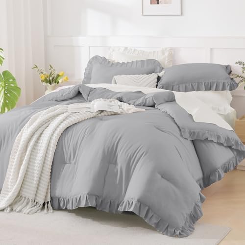 andency silver gray ruffle comforter twin size, 2, side view