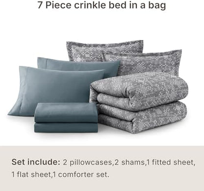 mairêve full size comforter set crinkle textured navy, front angle view