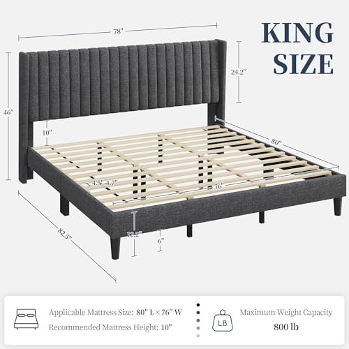 yaheetech king bed frame with headboard, dark gray shown in use