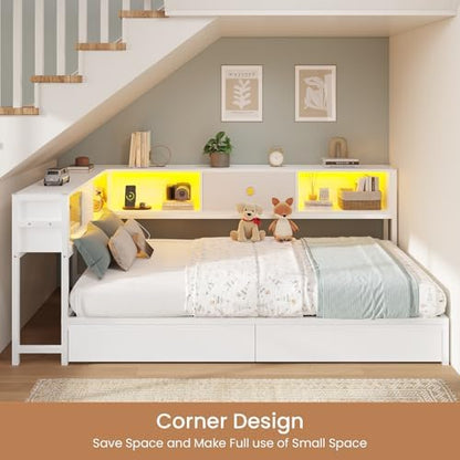 corner twin bed frame with storage bookcase,2 drawers on a desk or shelf