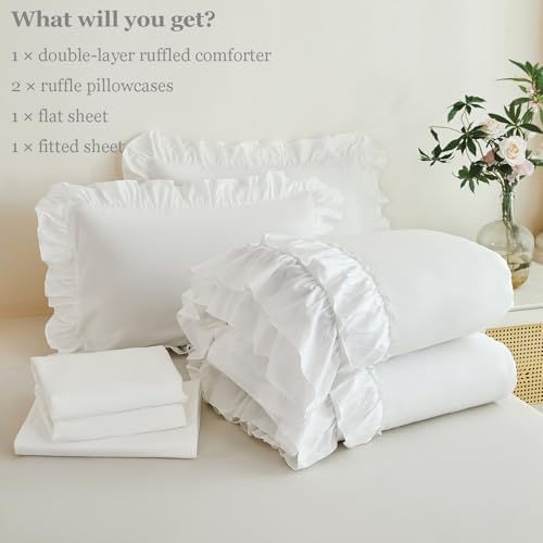ANGIYUIN White Full Ruffle Comforter Set 5Pcs Bed in A Bag with Sheets