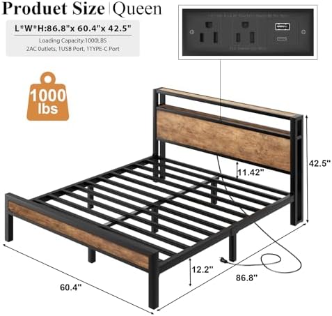 queen size bed frame with storage headboard and shown in use