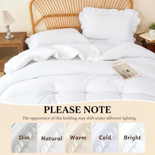 ZRNBAST White Ruffle Bedding Set Twin, 5-Piece Bed in a Bag Shabby Chic Comfo...
