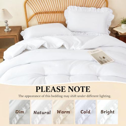 zrnbast white ruffle bedding set twin, 5-piece bed, side view