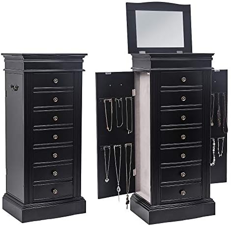 standing jewelry armoire with mirror, large jewelry cabinet, front angle view