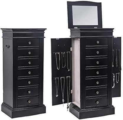 standing jewelry armoire with mirror, large jewelry cabinet, front angle view