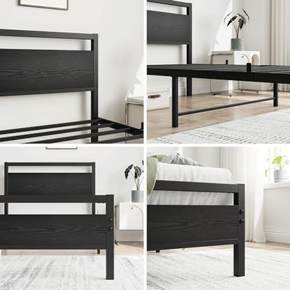 hojinlinero black twin bed frame with wood headboard,single showing dimensions