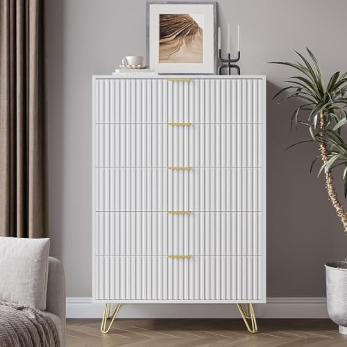 white 5 drawer dresser for bedroom, fluted dresser showing dimensions