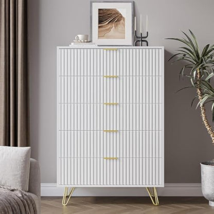 white 5 drawer dresser for bedroom, fluted dresser showing dimensions