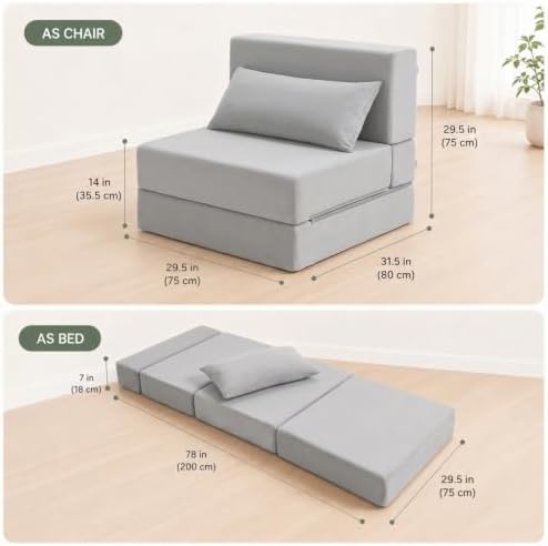 folding sofa bed, convertible sleeper chair, no assembly shown in use