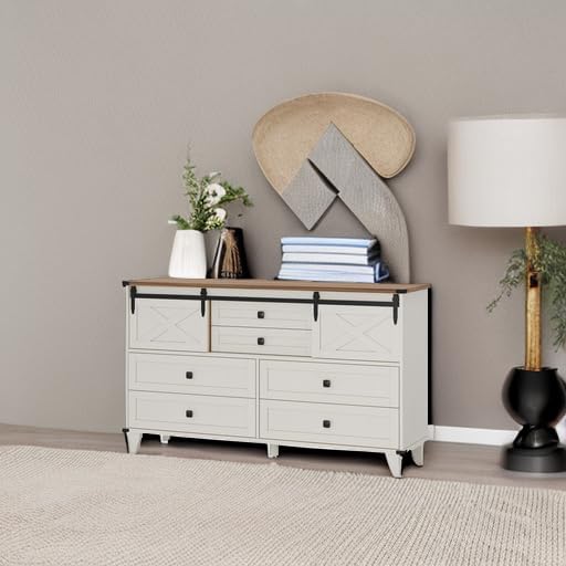 Hasuit Farmhouse 6 Drawer Dresser for Bedroom, Retro Chest of Drawers with Sl...