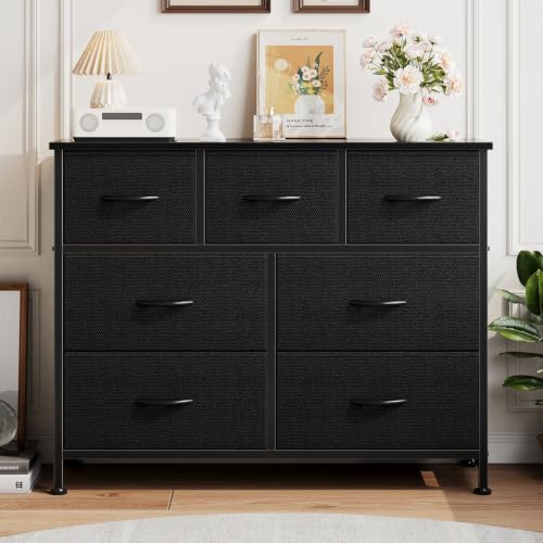 fabric dresser for bedroom with 7 drawers, chest shown in use
