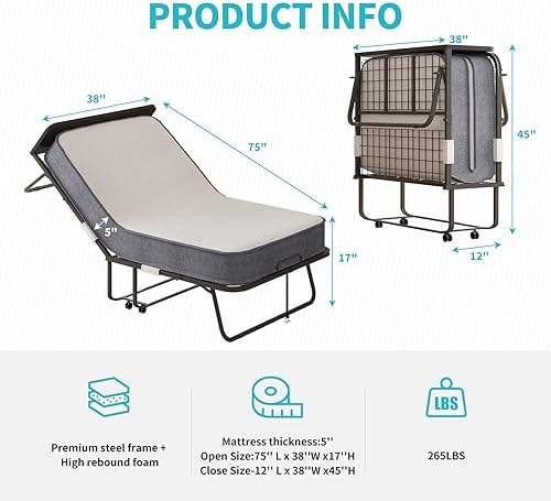 cecer twin size rollaway bed，75" x 38" folding, close-up detail