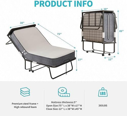 cecer twin size rollaway bed，75" x 38" folding, close-up detail