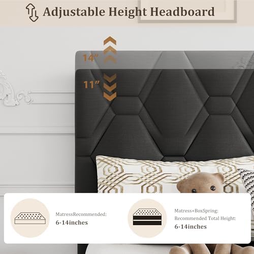 garveehome twin xl bed frame, adjustable upholstered headboard,gray showing dimensions