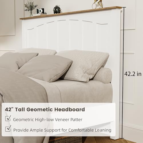 white full size wooden bed frame with built-in showing dimensions