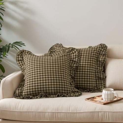 lemfux double ruffle gingham pillow covers, 2 pack, main product view
