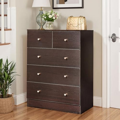 karl home brown 5 drawer tall dresser,rustic wood, front angle view