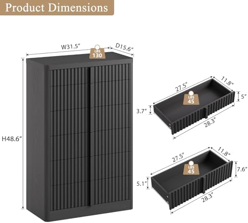 fluted dresser for bedroom, 48" tall 6 drawer shown in use