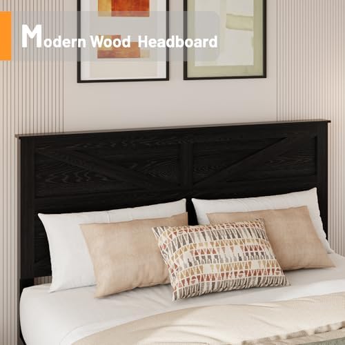 queen size farmhouse wooden bed frame with headboard, close-up detail