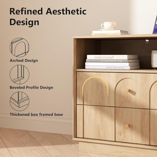 arched design nightstand with charging station, 2 drawers showing dimensions