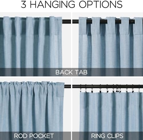 blue linen textured 96 inch curtains 2 panel, close-up detail