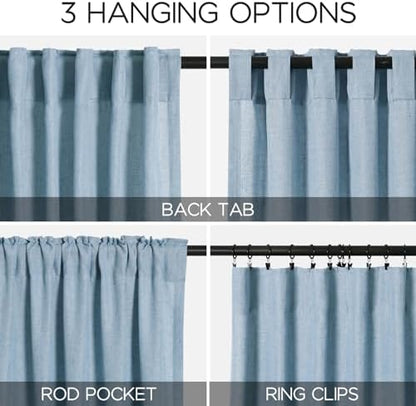 blue linen textured 96 inch curtains 2 panel, close-up detail