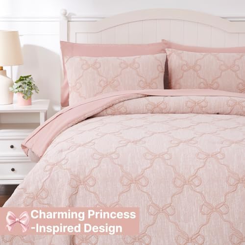Twin Comforter Set with Sheets for Girls-5 Pieces Bow Twin Bedding Sets