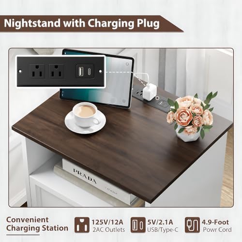 yansnwo white nightstand with charging station, 19.7" 2-drawer showing dimensions