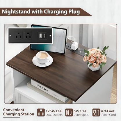 yansnwo white nightstand with charging station, 19.7" 2-drawer showing dimensions