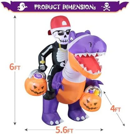 Domkom 6FT Halloween Inflatable Skeleton Riding Dinosaur Outdoor Yard Decor