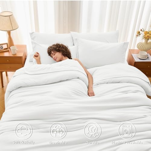MUXHOMO California King Comforter Set 7-Piece, Soft Bed in a Bag, White