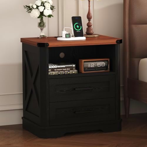 yusong 23.62" tall farmhouse nightstand, rustic wooden night, close-up detail
