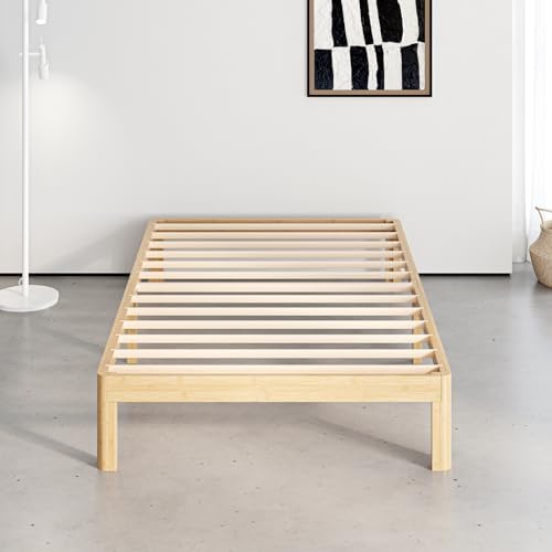 12" bamboo wood twin bed frame platform with, close-up detail
