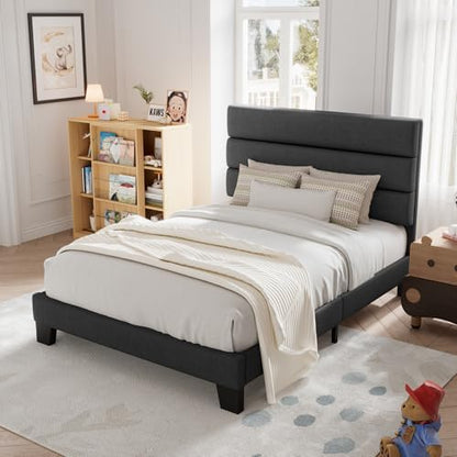allewie twin size platform bed frame with fabric, front angle view