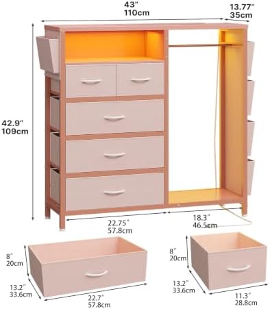dresser with clothes rack, 5 drawer chest with, close-up detail