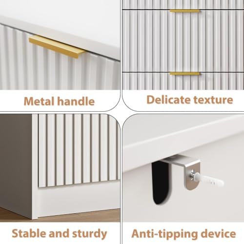 white 5 drawer dresser for bedroom, fluted dresser, close-up detail